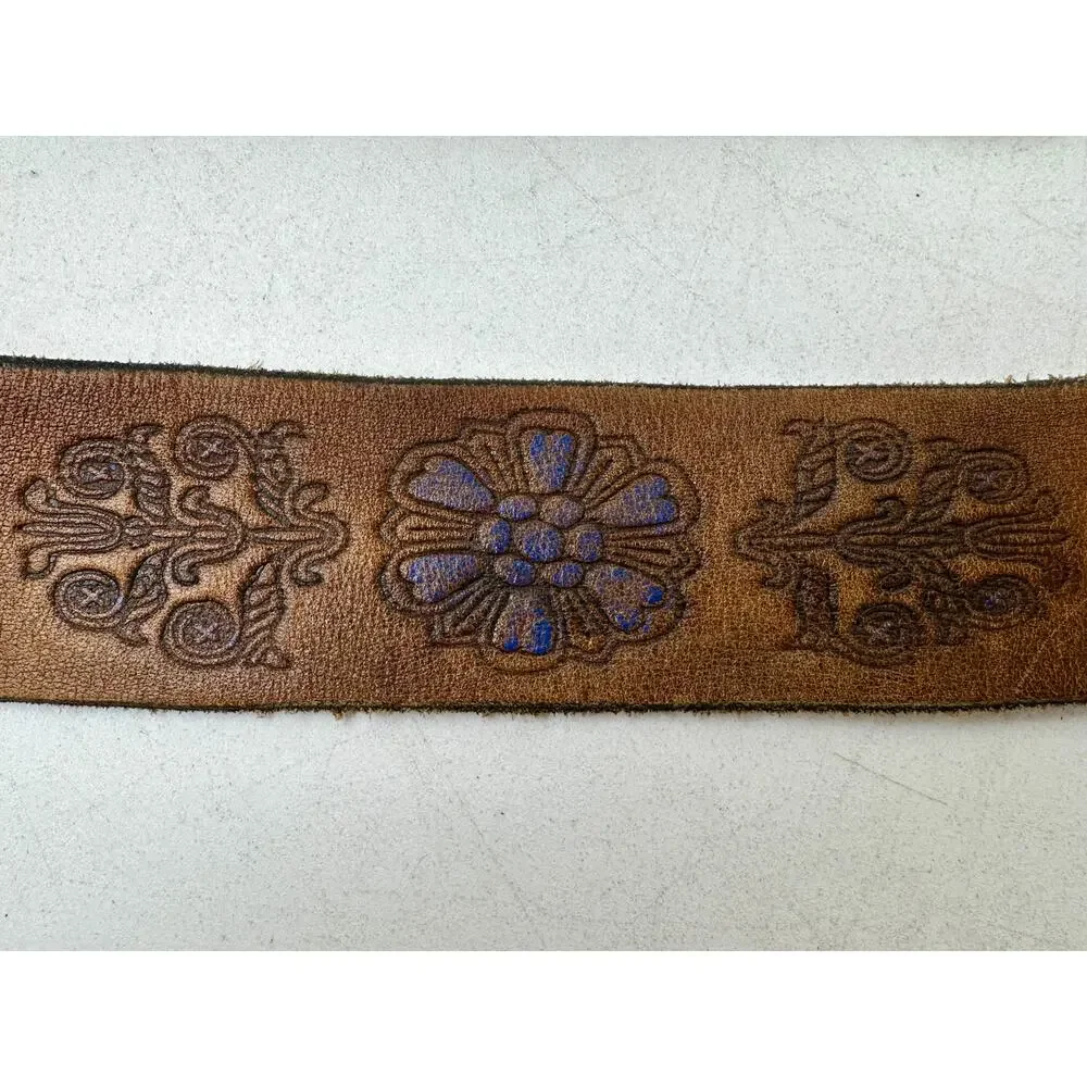 Vintage Levi's Orange Tab Floral Tooled Hand Stained Latigo Leather Belt Sz 34
